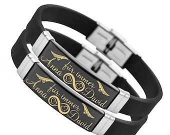 Partner Armband Set Silikon Wasserfest Liebe Freundschaft Wunsch Gravur Schwarz Hochglanz Damen Herren