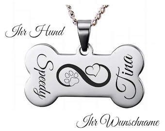 Bone Pendant Curb Chain Stainless Steel Wish Engraving Dog Jewelery Heart Paw ID