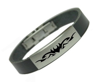 Men's Leather Bracelet Engraving Tribal Black 12mm Handmade Gift Stainless Steel Closure Engraving Plate