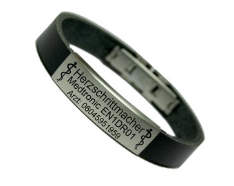 ID SOS Notfall Lederarmband Herzschrittmacher Pacemaker Defibrillator Handarbeit personalisiert