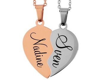 Heart Pendant Partner Set and 2 Stainless Steel Chains with Engraving Rose Gold & Silver Colors