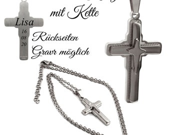 Design Kreuz Edelstahl & Kette in Silber oder Gold farben Wunsch Gravur Name Datum Glaube Konfirmation Kommunion Firmung Geschenk