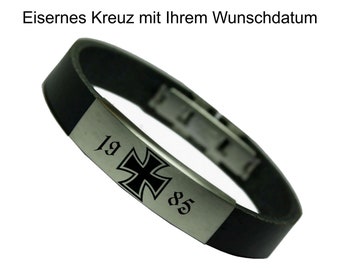 Men's leather bracelet Iron Cross including date engraving