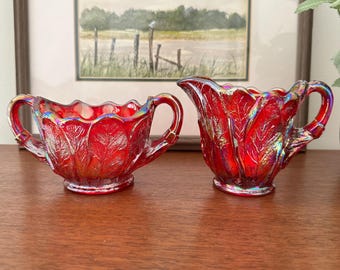 Imperial Glass Acanthus Leaf Sunset Ruby Red Iridescent Carnival Glass Creamer and Sugar