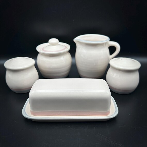 Pfaltzgraff Aura Pink and Blue Stripe Breakfast Set Creamer Sugar Bowl Butter Dish Salt and Pepper Shakers Vintage Stoneware Table Set Gift Etsy