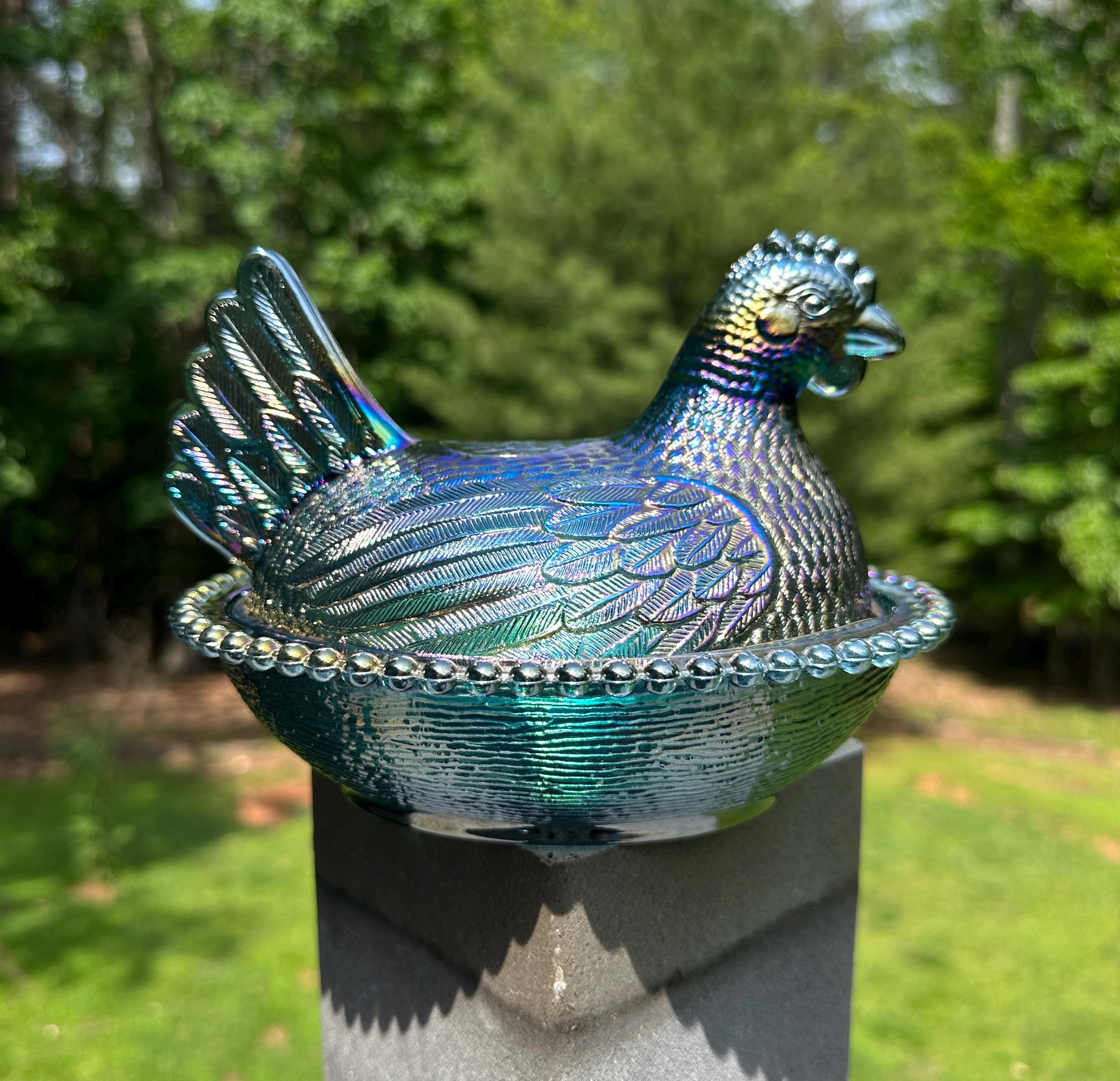 Blue Carnival Glass Hen on Nest Candy Dish Trinket Dish Indiana