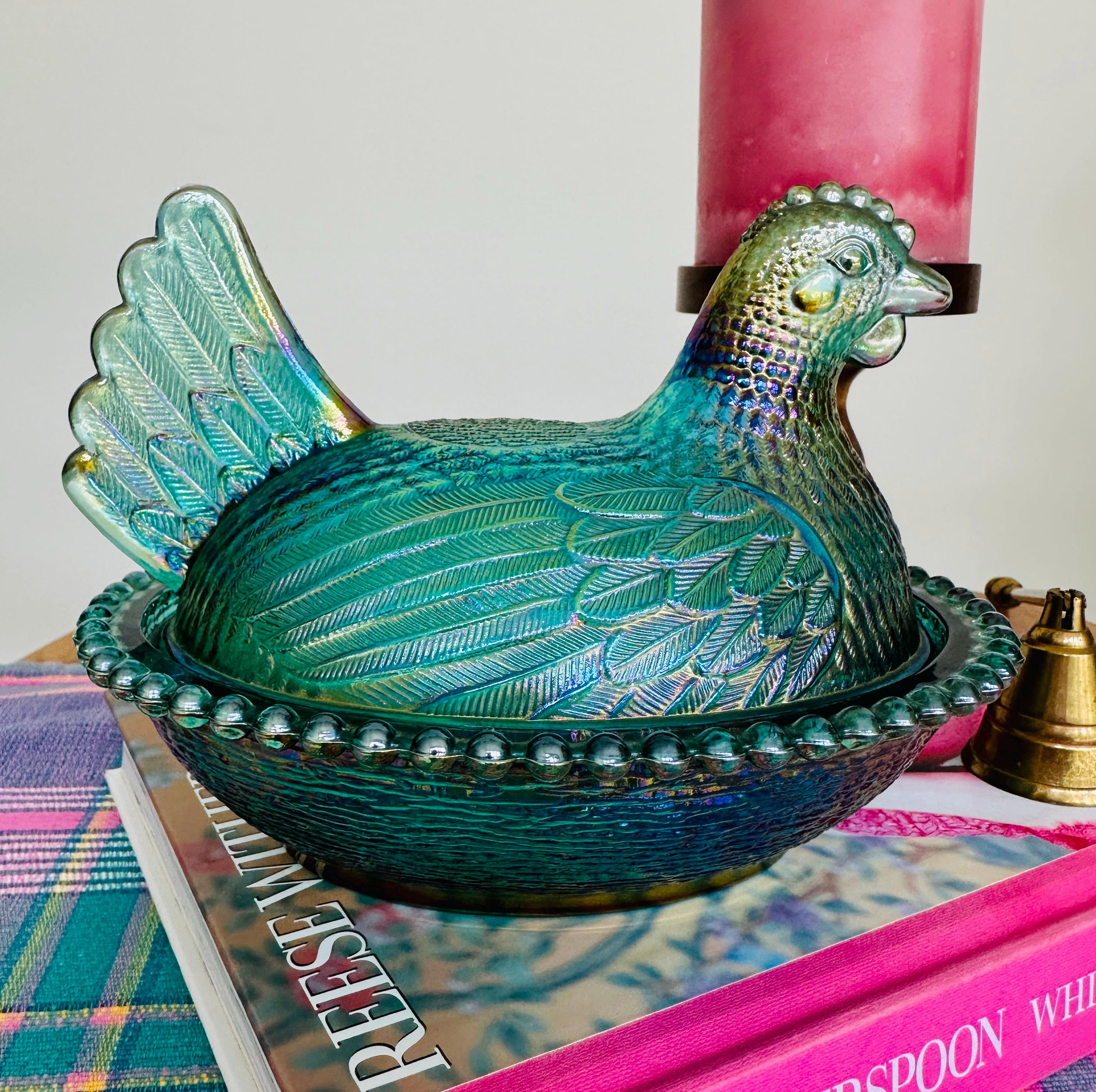 Teal Carnival Glass Hen on Nest Candy Dish Trinket Dish Indiana