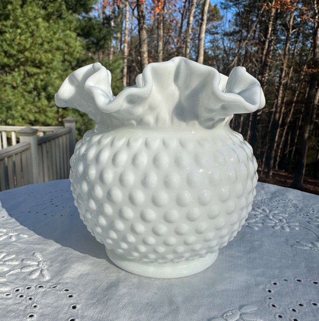 Fenton White Hobnail Milk Glass, Ruffled Edge, Large Ball Vase, Squat