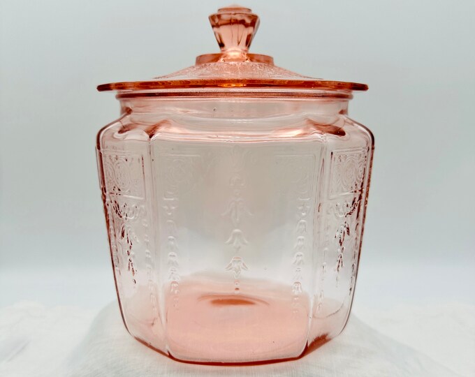 Pink Depression Glass Cookie Jar, Princess Pattern, Cookie Jar With Lid