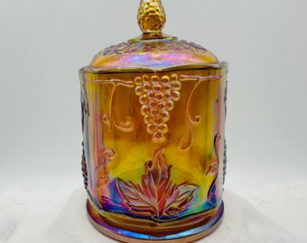 Carnival Glass Canister Indiana Glass  Harvest Grape Pattern  Iridescent Gold  Carnival Glass Amber Candy Jar Small Canister Pet Treat Jar