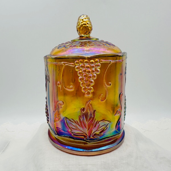 Carnival Glass Canister Indiana Glass  Harvest Grape Pattern  Iridescent Gold  Carnival Glass Amber Candy Jar Small Canister Pet Treat Jar