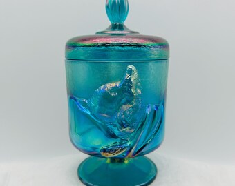 Fenton Chessie Cat Candy Jar: Teal Iridescent Carnival Glass, 1988