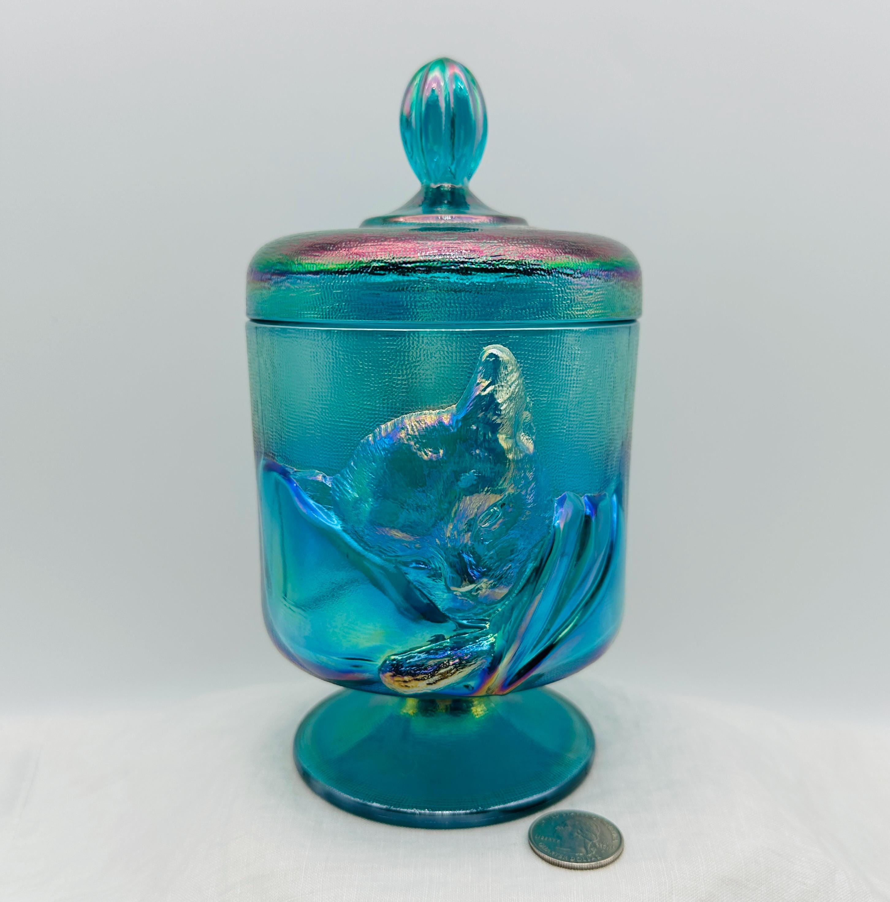 Fenton Chessie Cat Candy Jar: Teal Iridescent Carnival Glass, 1988