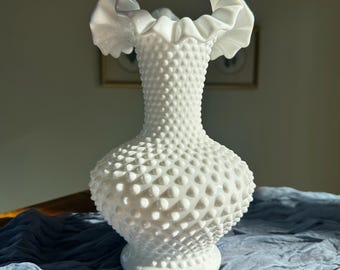 Vintage Fenton Hobnail Milk Glass Large Ruffled Rim Flower Vase