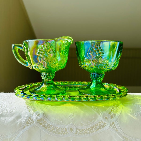 Indiana Lime Green, Iridescent Carnival Glass, Harvest Pattern, Creamer, Open Sugar and Under Plate, Lime Green Carnival Glass Creamer Set