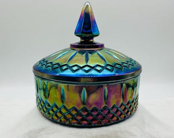 Vintage Indiana Glass Princess Iridescent Blue Carnival Glass Candy Dish