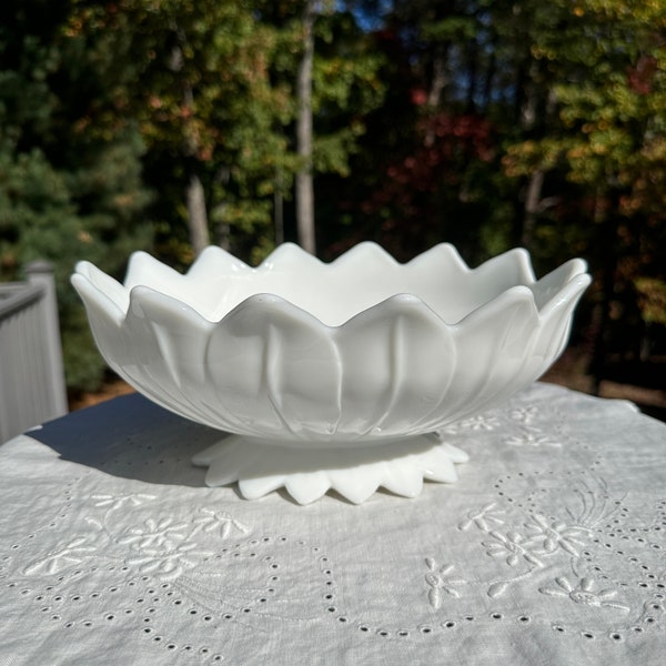 Westmoreland Glass, Lotus Pattern, White Milk Glass, Oval Footed Bowl, Fruit Bowl, Centerpiece Bowl, Console Bowl