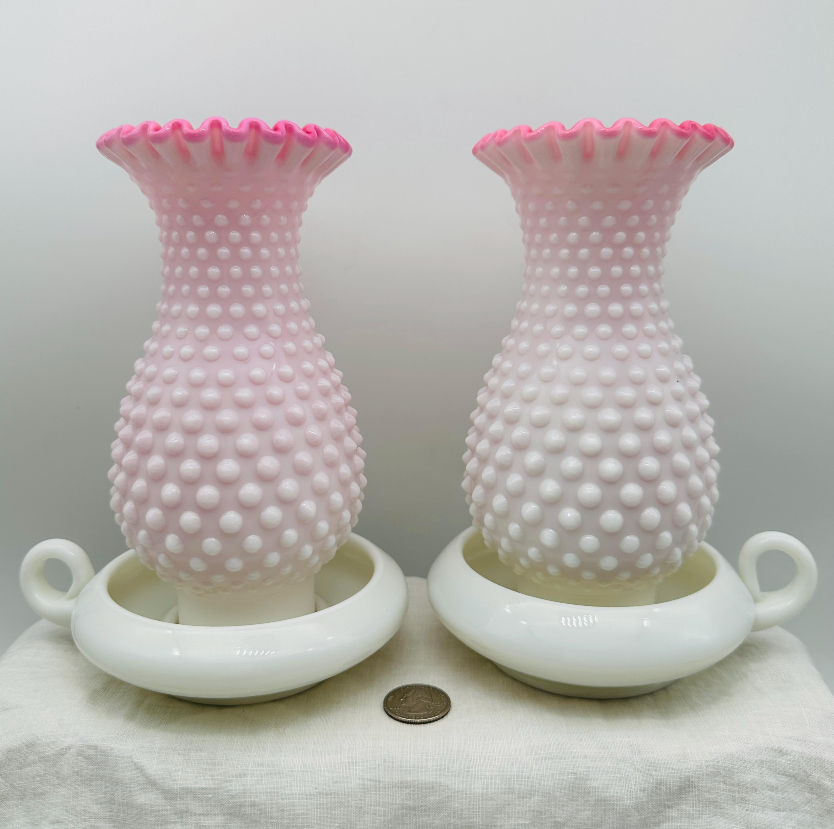 フェントン ミルクガラス ボブネイル ピーチブロウ 13×14cm 極美品 フェントン ピーチブロウ ホブネイル ハリケーンランプ：ヴィンテージ