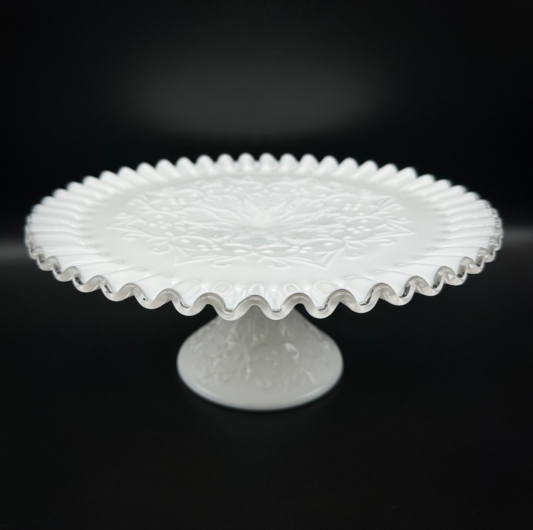 Fenton Cake Stand Siver Crest Milk Glass Spanish Lace Etsy