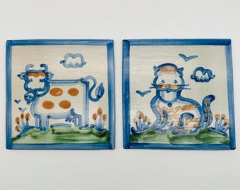 M A Hadley Country Scene Stoneware Pottery Cat or Cow Tile
