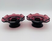 Moondrops, Amethyst Depression Glass, Ruffled Taper Candlestick Pair, New Martinsville Glass Company