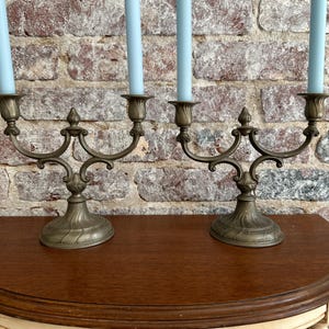 Antique Pewter Two-Arm Candelabras: Continental Taper Candleholders