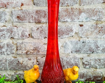 Fenton Amberina Red Glass Vase: Fine Cut Block, Mid Century Decor