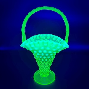 Vintage Fenton Topaz Opalescent Hobnail Basket: Vaseline Glass Decor