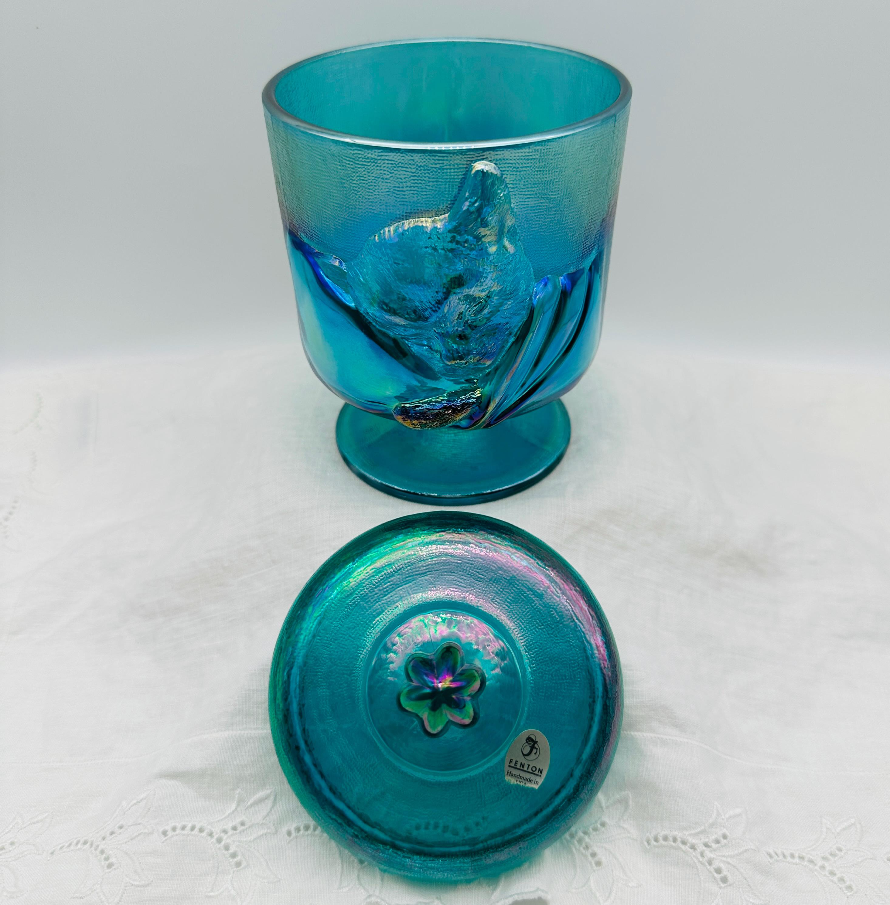 Fenton Chessie Cat Candy Jar: Teal Iridescent Carnival Glass, 1988