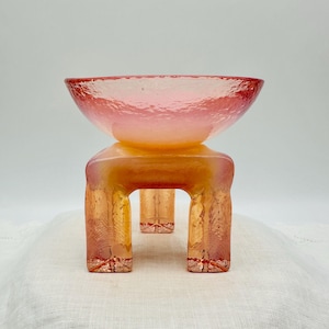 Pink Opalescent Glass Bowl with Tripod Stand - Hudson Beach Glass Art Decor