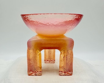 Pink Opalescent Glass Bowl with Tripod Stand - Hudson Beach Glass Art Decor