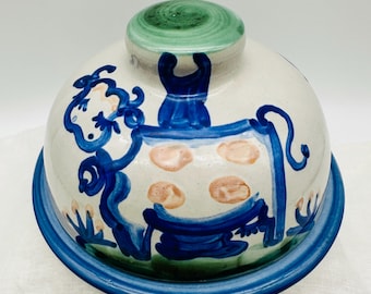 M A Hadley Country Scene Stoneware Pottery Round Domed Butter or Cheese Dish