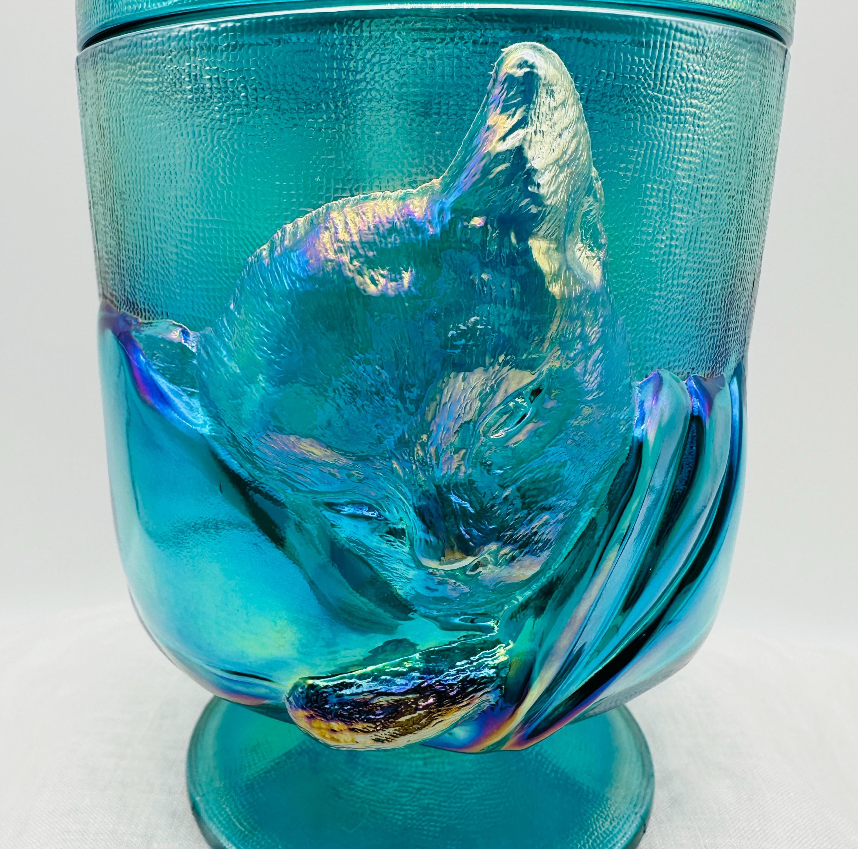 Fenton Chessie Cat Candy Jar: Teal Iridescent Carnival Glass, 1988