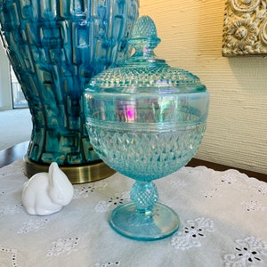 Aqua Glass Candy Bowl with Lid, Fenton Art Glass Blue Topaz Opalescent Iridescent Diamond Point Pedestal Candy Box with Lid, Faceted Glass