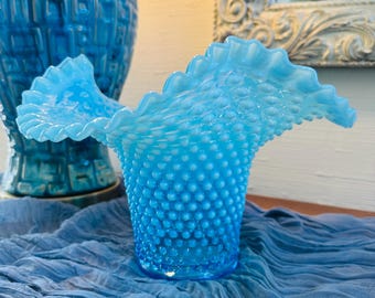 ヴィンテージ オパールセントブルー フェントン ホブネイル花瓶