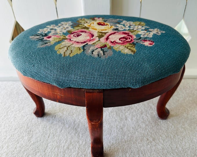 Vintage Queen Anne Style Blue Floral Needlepoint Foot Stool - Etsy