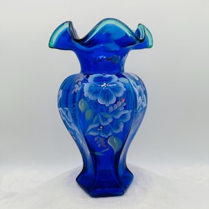 Fenton Cobalt Blue Vase: Hand-Painted Morning Glories, 75th Anniversary