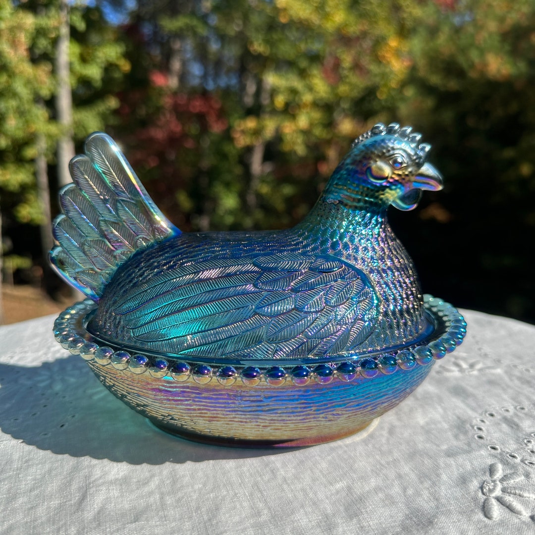 Indiana Glass Blue Carnival Glass Hen on Nest Candy Dish Etsy Australia