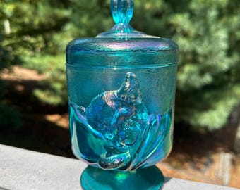 Fenton Chessie Cat Candy Jar: Teal Iridescent Carnival Glass, 1988