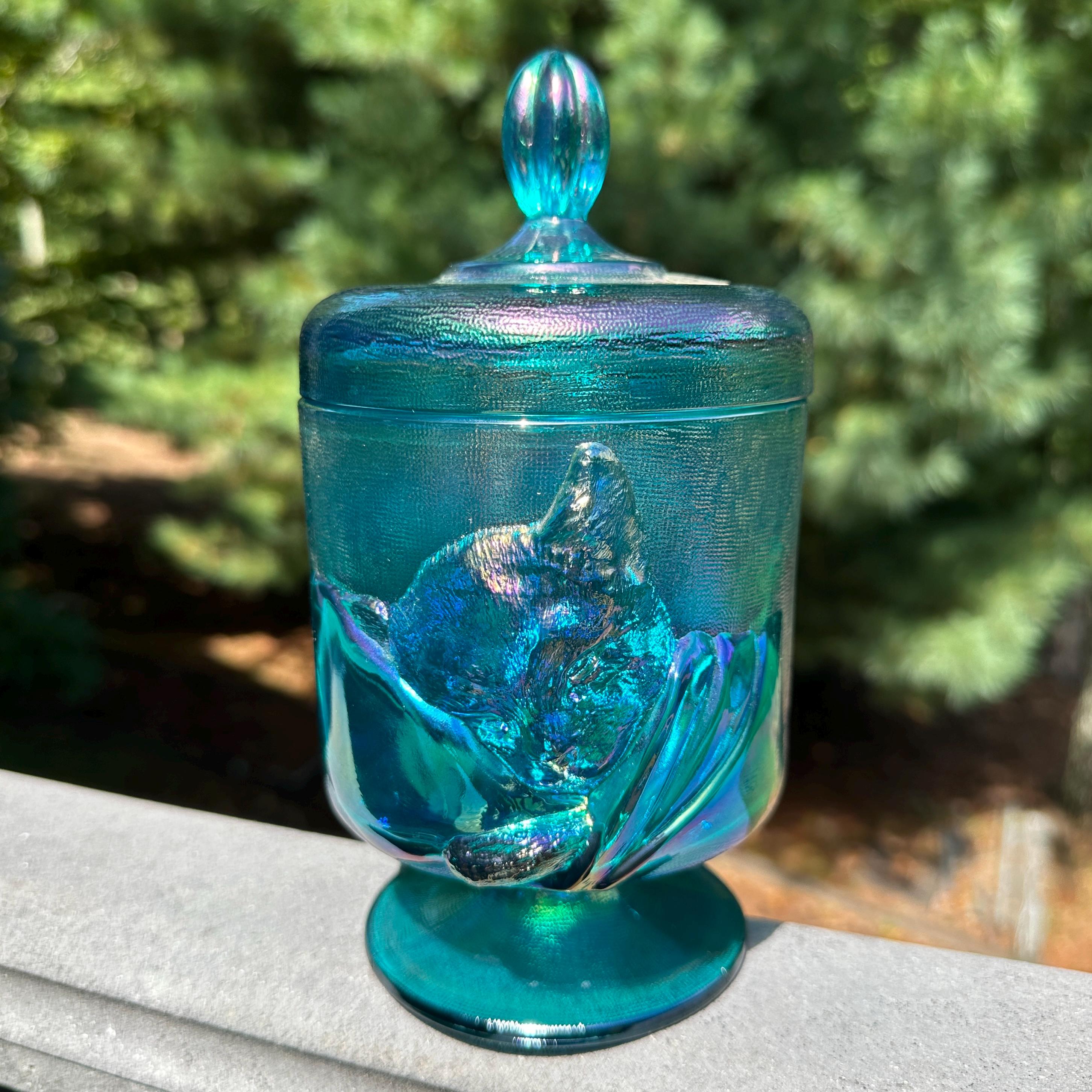 Fenton Chessie Cat Candy Jar: Teal Iridescent Carnival Glass, 1988