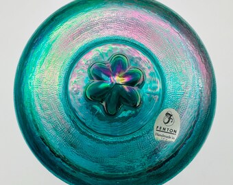 Fenton Chessie Cat Candy Jar: Teal Iridescent Carnival Glass, 1988
