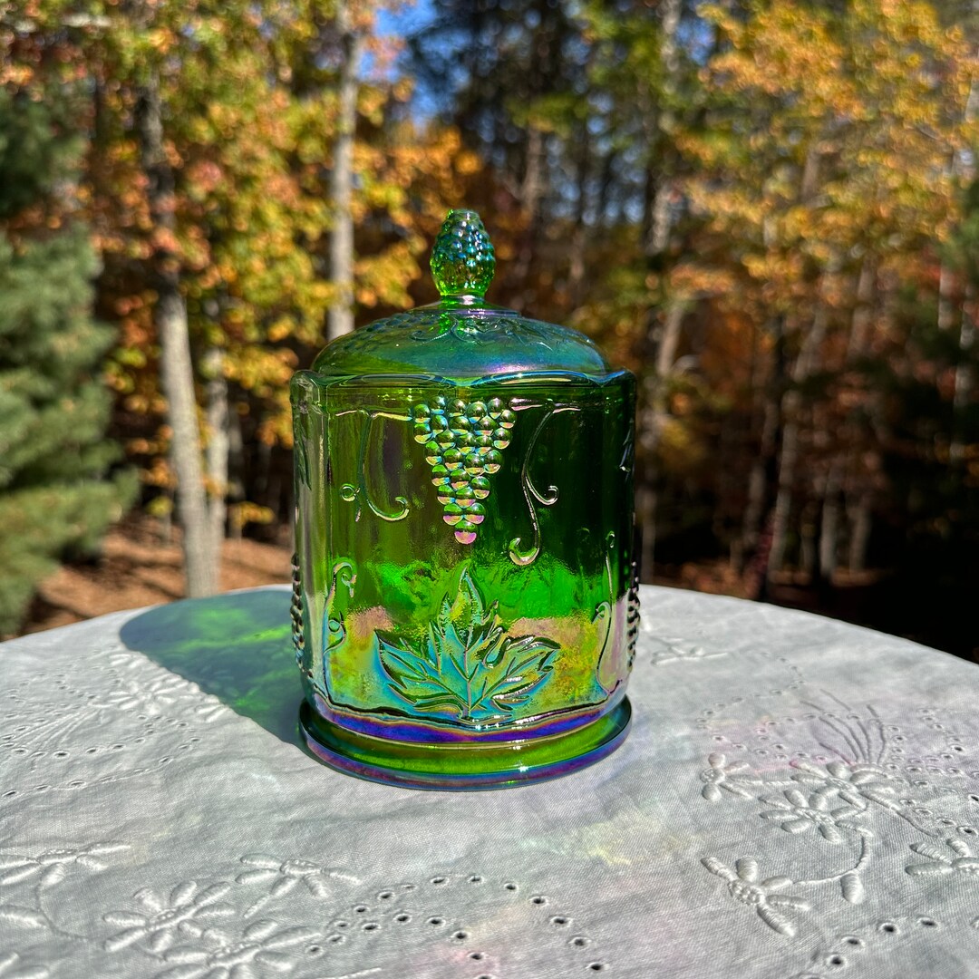 Lime Green Carnival Glass Canister Indiana Glass Harvest Etsy