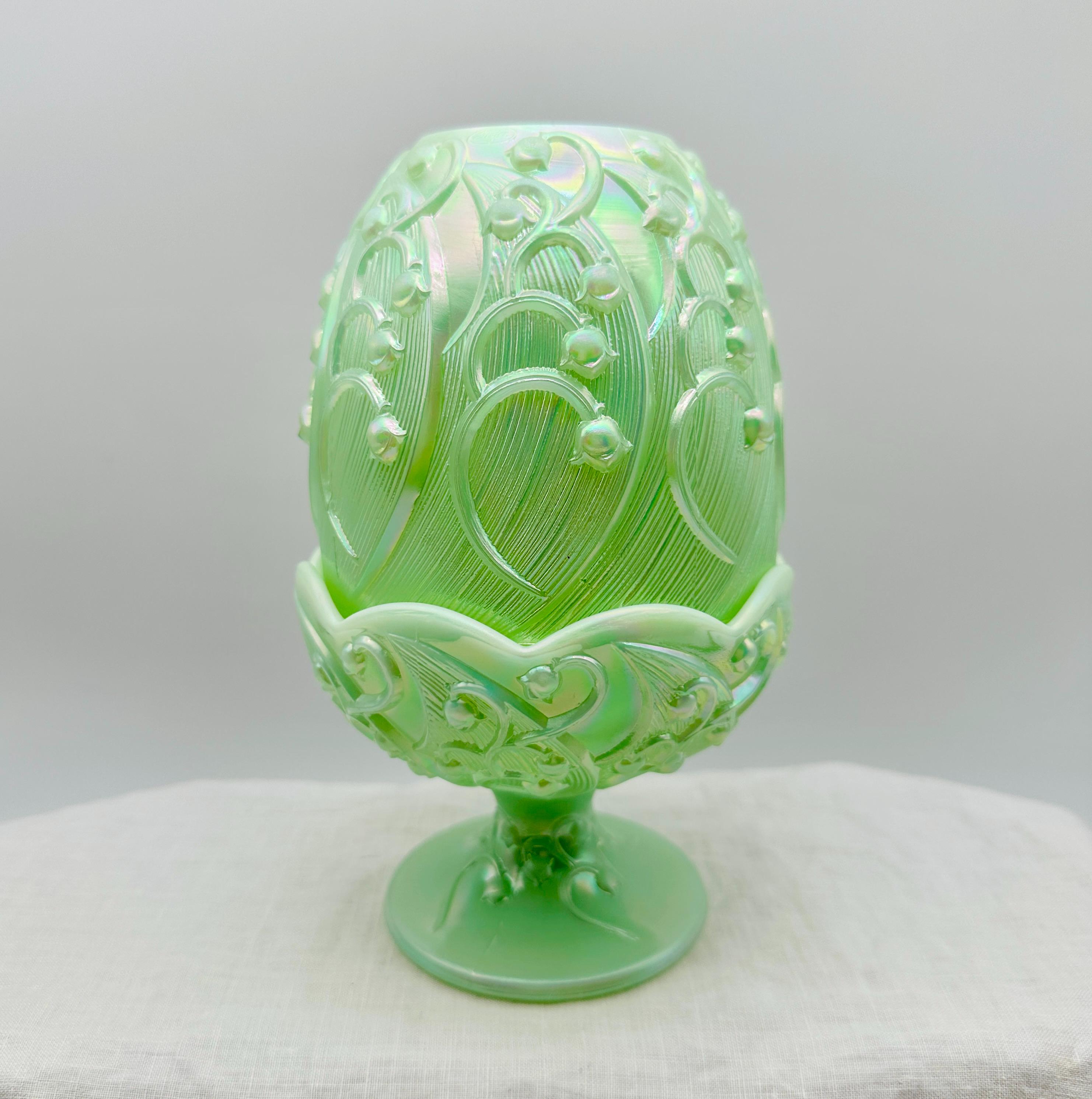 フェントン アンティークantique エメラルドグリーンバスケット アメリカ Fenton Art Glass Handblown Aqua Green Coin Dot Crimped Edge