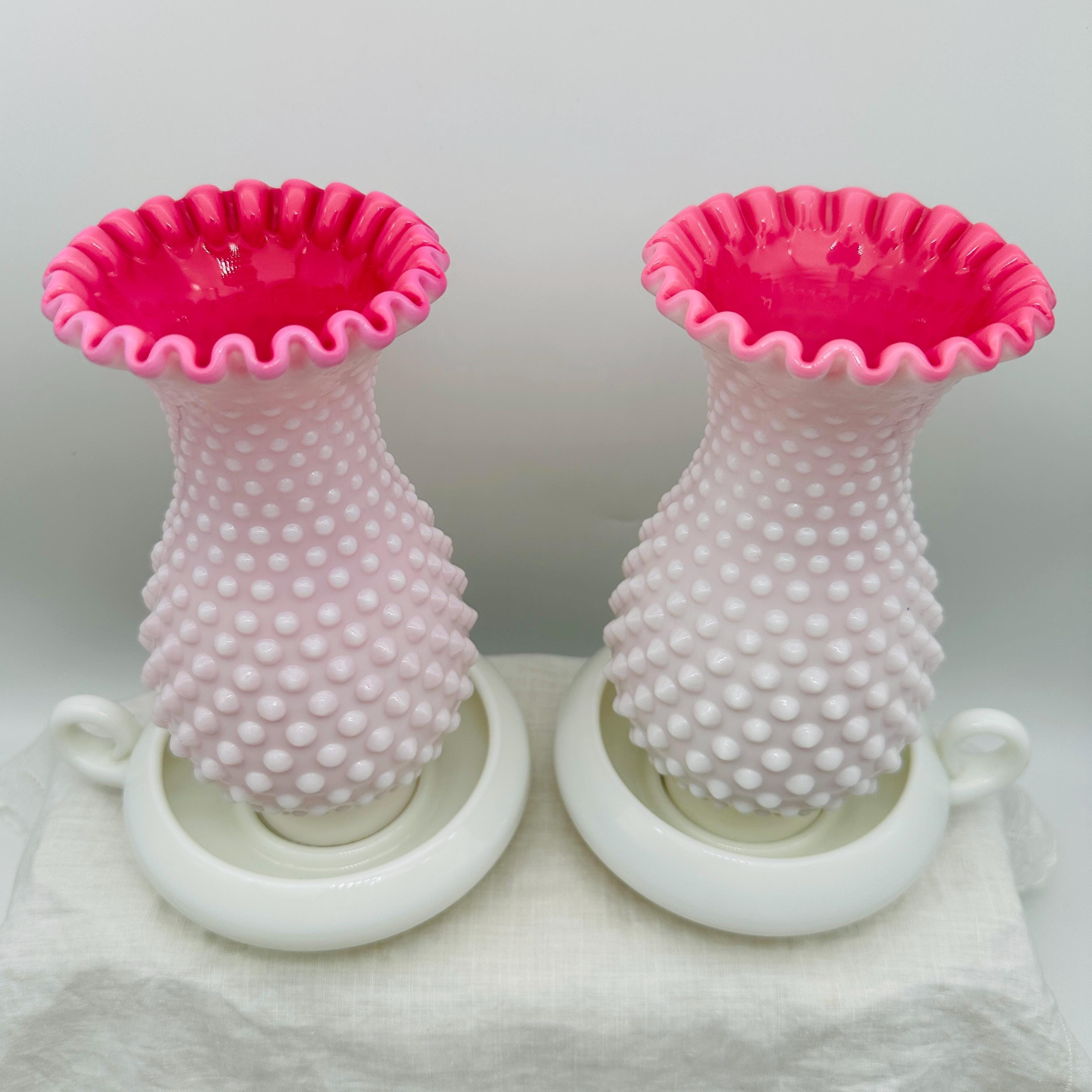 フェントン ミルクガラス ボブネイル ピーチブロウ 13×14cm 極美品 フェントン ピーチブロウ ホブネイル ハリケーンランプ：ヴィンテージ