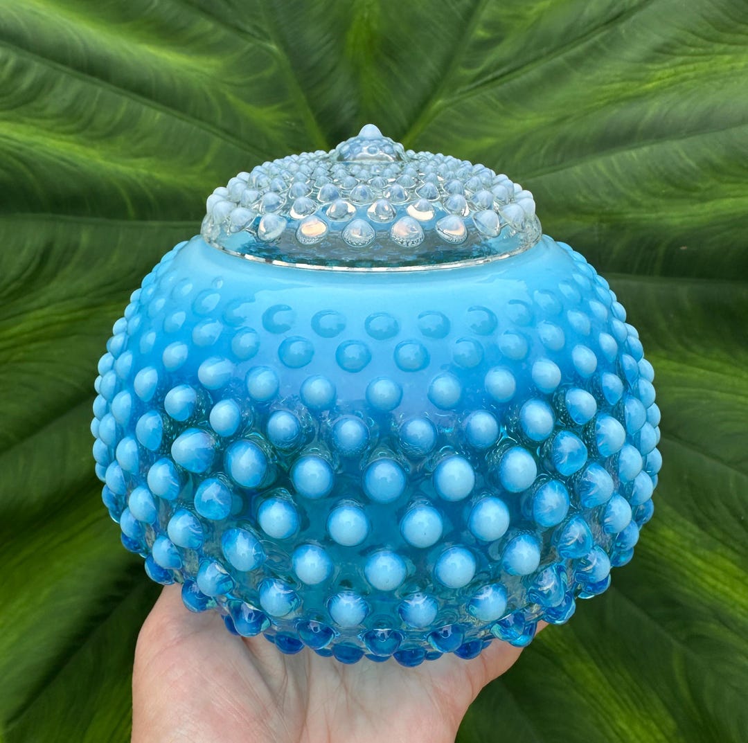 Vintage Fenton Blue Opalescent Hobnail Jar: 1940s Candy Dish With Lid ...