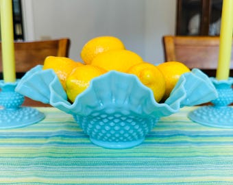 Fenton Turquoise Hobnail Milk Glass Bowl: Mid-Century Ruffled Rim Centerpiece