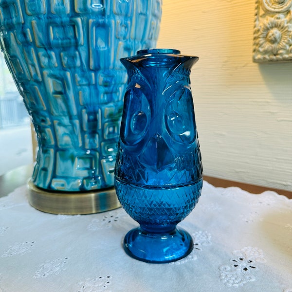 Viking Owl Fairy Lamp, Viking Glass Bluenique Owl Glimmer Fairy Lamp, Owl Tea Light Holder, Mid Century Modern Glass, Blue Owl Fairy Lamp