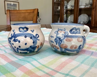 M A Hadley Hand-Painted Stoneware Cow Creamer Pig Sugar Bowl Set - Country Scene Pottery