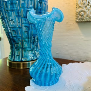Fenton Blue Opalescent Spiral Optic 8 inch Striped Ruffled Rim Vase Vintage Blue Home Decor Flower Vase Gift
