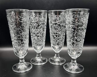 Pilsner Glasses, Set of Four, Princess House Fantasia, Parfait Glasses, Vintage Barware, Tall Footed Glasses, Clear 20 Ounce Tumblers
